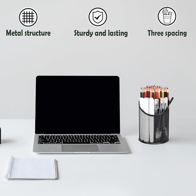 MINDEPOT 2 Pack Pencil Holder Pen Cup for Desk Round Pen Organizer | Mesh Black Pen Holder, Duty Metal, 3 Compartments, Desk Organizer for Home School