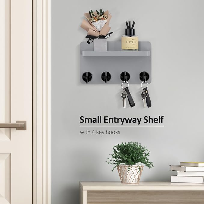 Nekon Key Holder Wall Mount, 8.5 Inch Small Home Decor Wooden Wall Organizer with 4 Hooks and Shelf, Wall Decor for Living Room Entryway Kitchen (Gray)