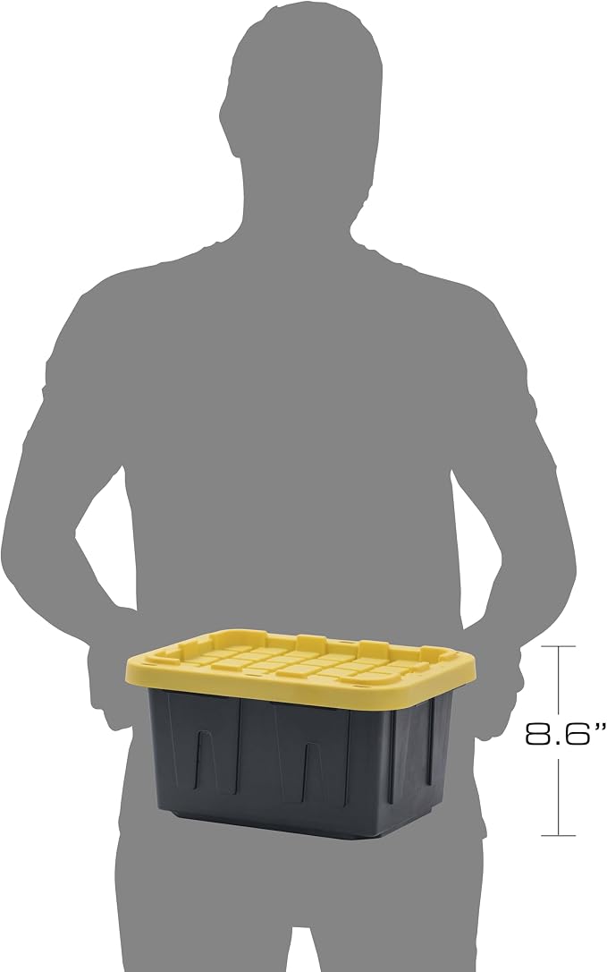 BLACK & YELLOW 5-Gallon Stackable Plastic Storage Bins with Lids, 4 Pack | Small heavy-duty storage totes for garage, closet, classroom & home organization, 8.6H x 12.3W x 16.4D, Black & Yellow,