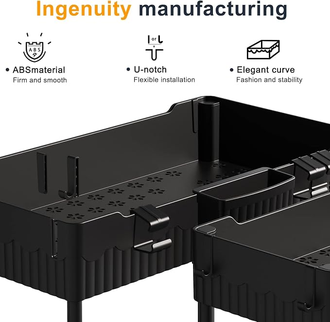 Sevenblue 2 Pack Under Sink Organizer, Under Bathroom Cabinet Organizer with Hooks Hanging Cup, Multi-Purpose Storage Shelf for Kitchen Bathroom, Black | Multi-use kitchen & bathroom storage, 12.8 inch black cabinet organizer, with hooks and hanging cu...