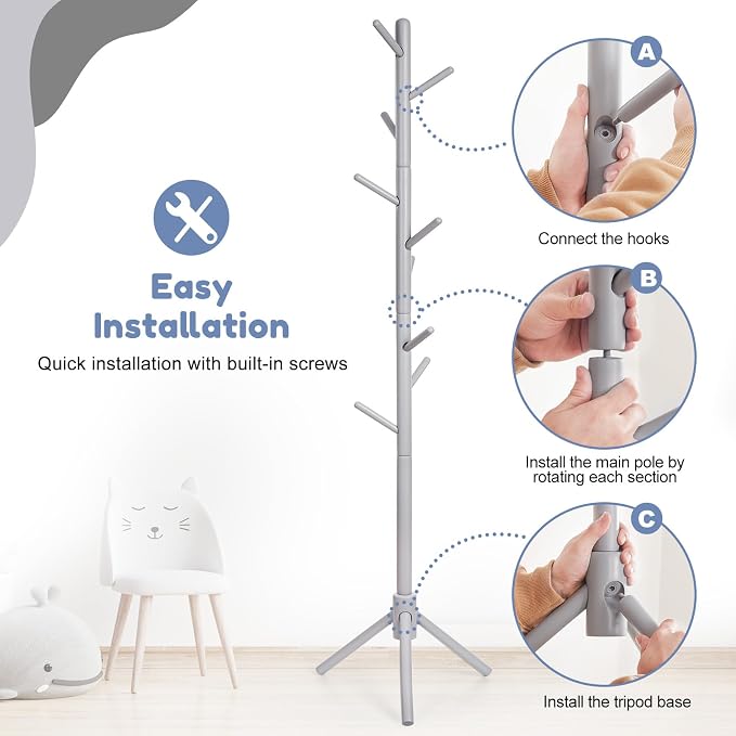 Cozivolife Kid's Coat Rack Stand: Height Adjustable with 9 Hooks (Grey) | Beech Wood Coats Tree for Cloth Hats and Handbags - Freestanding Child Clothes Racks for Hallway Entryway Bedroom