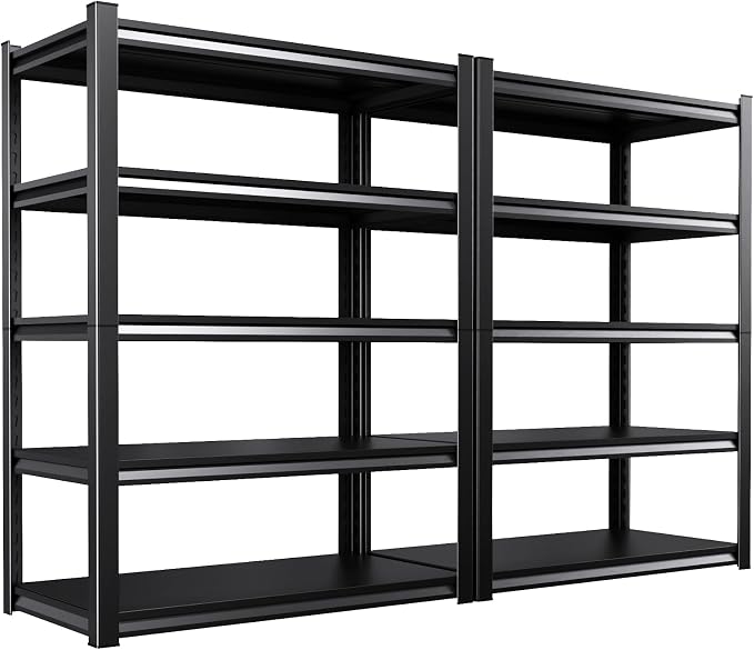 2 Pack Storage Shelves,2500LBS Garage Shelving ,Adjustable Garage Shelves ,Heavy Duty Metal Shelving, 5 Tier Wood Utility Steel Shelf, Easy-to-install Shelving Units and Storage 71.2''x46''x19.7"