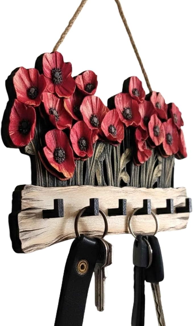 Oak & Hearth Wooden Key Holder for Wall – Rustic Poppy Flower Key Rack with 6 Hooks – Farmhouse Entryway Organizer & Wall Decor