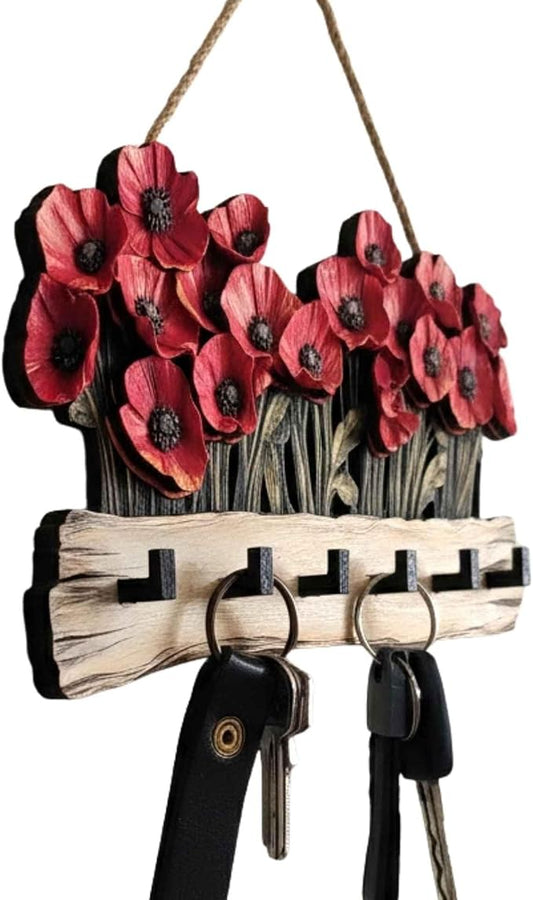 Oak & Hearth Wooden Key Holder for Wall – Rustic Poppy Flower Key Rack with 6 Hooks – Farmhouse Entryway Organizer & Wall Decor