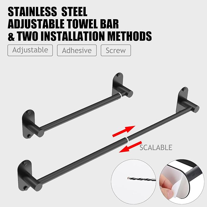 Towel Bar, Adjustable 14.4inch - 25.2inch Towel Rack, Self Adhesive Wall Mounted for Bathroom Kitchen Hand Towel Holder Cloths Hanger 304 Stainless Steel Organizer Single Bar (2, Matte Black)