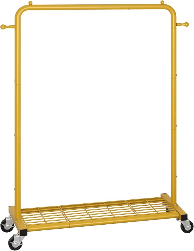 Sywhitta Metal Garment Clothing Rack on Wheels with Mesh Shelf,Gold Yellow | Rolling Garment Rack for Hanging Clothes, Coats, Skirts, 39.76" L x 16" W x 63.78" H,Space-Saving Mobile Organizer for Closet