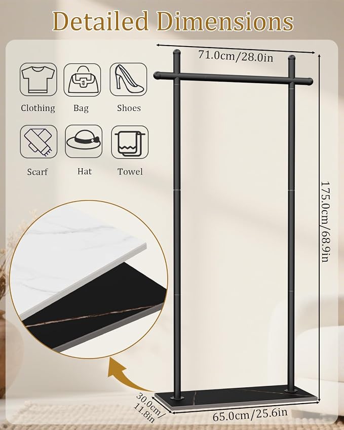 Coat Racks Freestanding with Natural Rock Base,68.9in,Black,Large | Garment Racks with Anti Slip Knots for Outerwear,Clothes Stands with Strong Load-Bearing,Metal Clothing Trees for Hats