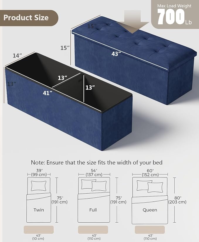 Folding Storage Ottoman Bench, Navy Blue, 43 Inches | Multi-Functional Ottoman Foot Rest, End of Bed Bench, Storage Chest, Living Room, Bedroom, Hallway, Entryway, 600 lb Capacity