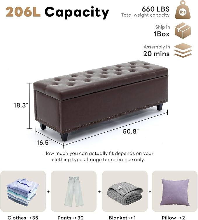Tbfit Long Ottoman with Storage, 50.8" Faux Leather End of Bed Bench with Safety Hinge, Entryway Benches Large Storage Ottoman Bench for Bedroom, Living Room, Holds up to 660 lb(Dark Brown)
