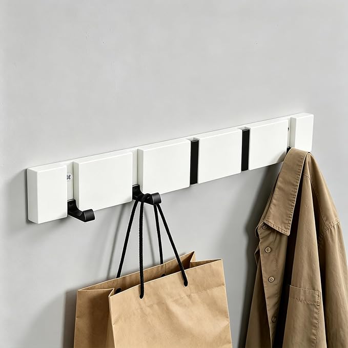 Wall Mounted Coat Rack, Heavy Duty Folding Coat Hooks Wood Retractable Wall Hooks for Hanging Purse Clothes Keys, Towel Hooks Rack for Bathroom Wall Coat Hanger for Entryway (5 Hooks,White)