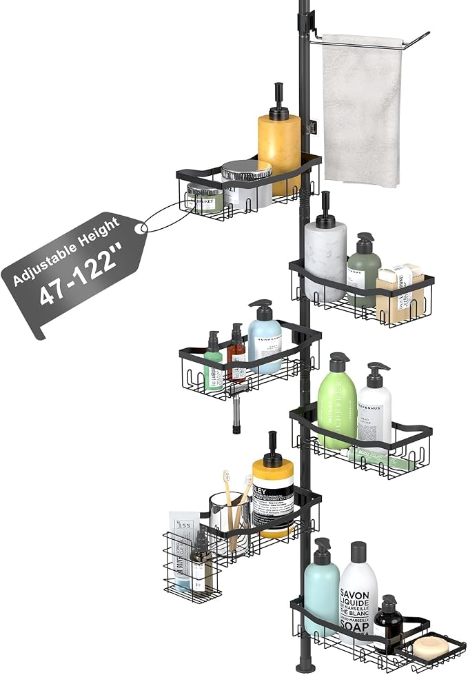 Shower Caddy Corner, 6 Tier Tension Pole Rod Bathroom Organizer Shelves, Adjustable Bathtub Shampoo Stand Rack with Towel Rack 2 Holders for Inside Shower Storage, 47-122 Inch, Black