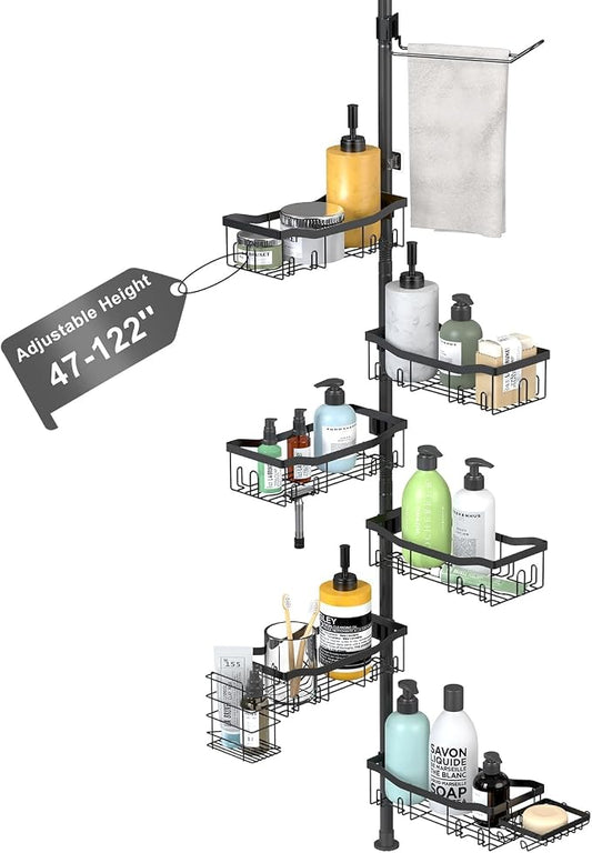 Shower Caddy Corner, 6 Tier Tension Pole Rod Bathroom Organizer Shelves, Adjustable Bathtub Shampoo Stand Rack with Towel Rack 2 Holders for Inside Shower Storage, 47-122 Inch, Black