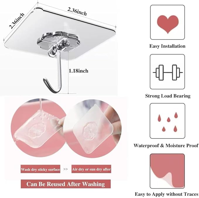 DDMY Clear Adhesive Hooks Heavy Duty Walls Hook 36 Pack for Hanging | Strong Self Adhesive Hook Holds Up to 50lb(Max) Transparent Reusable Waterproof No Drill for Kitchen Bathrooms Coat No Damage