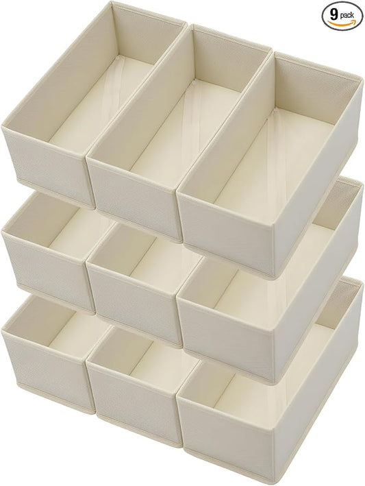 Bructhun Sock Drawer Organizer 9 Pack - Collapsible Fabric Storage Bins for Underwear Divider, Small Closet Organizers with 9 Compartments, Beige