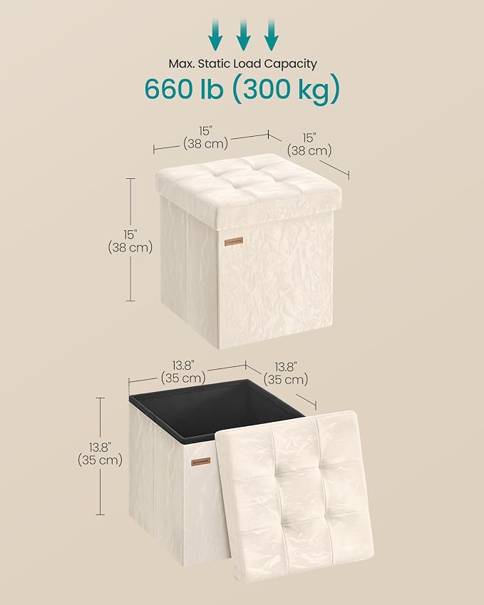 SONGMICS Storage Ottoman, Textured PU Leather Footstool, Foldable Footrest with Cushion, for Living Room and Bedroom, 15 x 15 x 15 Inch, White, Minota Collection ULSF522WD01