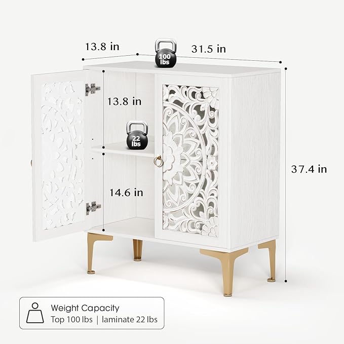 JOINICE 31.5" White Accent Cabinet with Carved Doors & Storage, Gold Legs | Carved Floral Design, Boho/Farmhouse/Rustic Style, Versatile Storage for Living Room & Bedroom & Hallway, Adjustable Shelf
