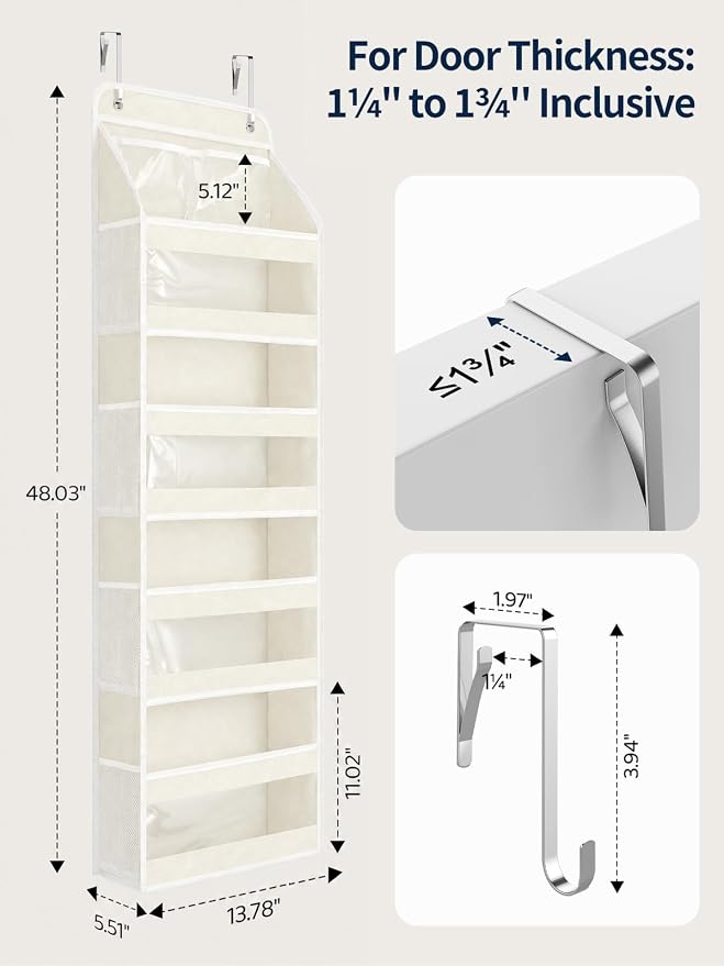 Yecaye 5 Tier Over the Door Organizer, Swing-proof Door Organizer Hanging with Clear PVC Windows, Behind the Door Storage for Bedroom Nursery Closet Laundry Pantry Bathroom, Cream White