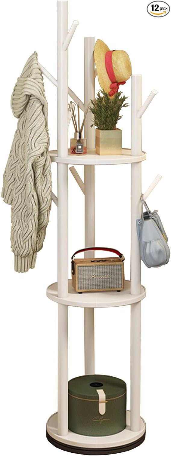 YYW 360° Wood Coat Rack Stand with Hooks and Shelves, Free Standing Rotating Organizer for Entryway, Bedroom, Small Space