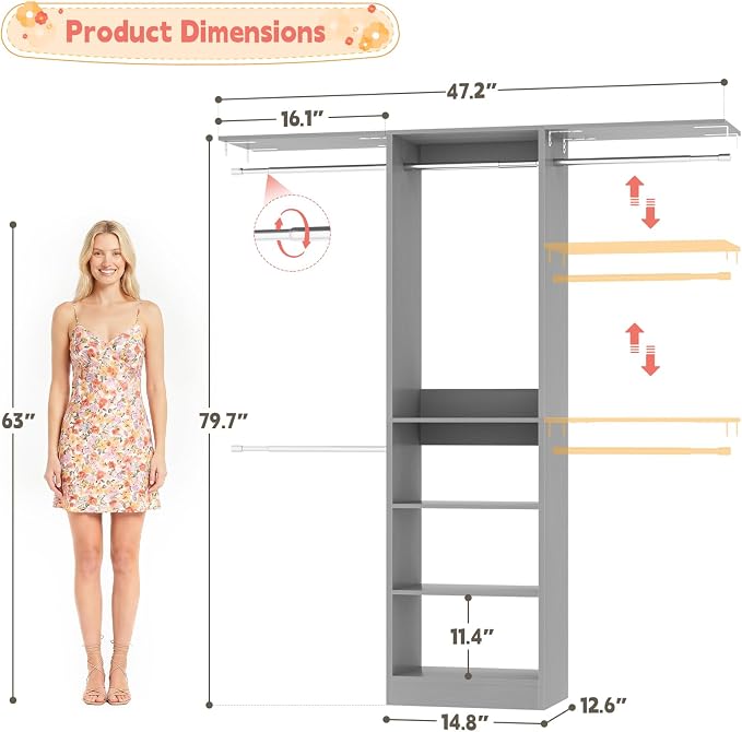 48" Small Closet System, Space-Saving Wall-Mounted Wardrobe Organizer, Mini Garment Rack for Narrow Spaces, Morning Outfit Prep Station & Nursery Dress-up Storage,Grey