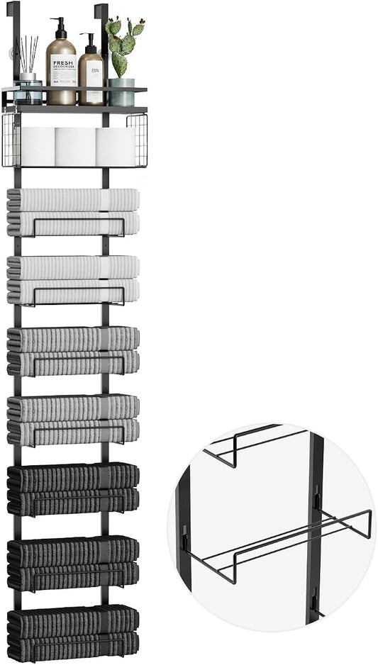 Aetyord Towel Racks for Bathroom Over The Door Towel Racks Towel Storage Organizer with Metal Shelf Basket for Bathroom Rv Camper (9-Tier Black)