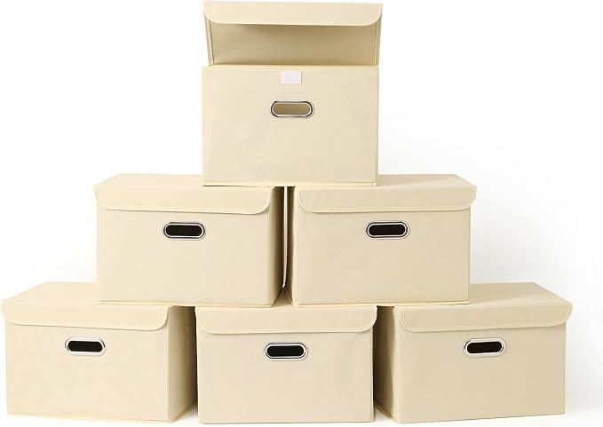 Fabric Foldable Collapsible Storage Cube Bin Organizer Basket with Lid, Handles, Removable Divider for Home, Closet (Creamy-White, 6Pcs)