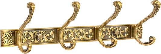 Vintage Coat Rack Wall Mount, Decorative Wall Coat Rack with 4 Hooks for Hanging Key Purse Hat Robe Towel Clothes Unique Hanger for Bathroom Shower Entryway Antique Brass 1 Pack
