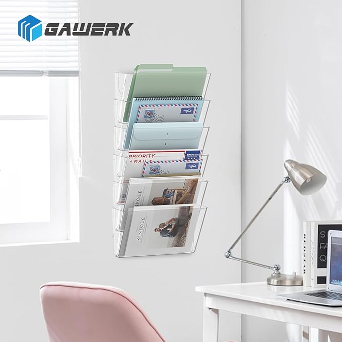 Gawerk Clear Acrylic Single Pocket, Plastic Hanging Wall Mount File Holder for Office Home (Clear, 5 Pack)