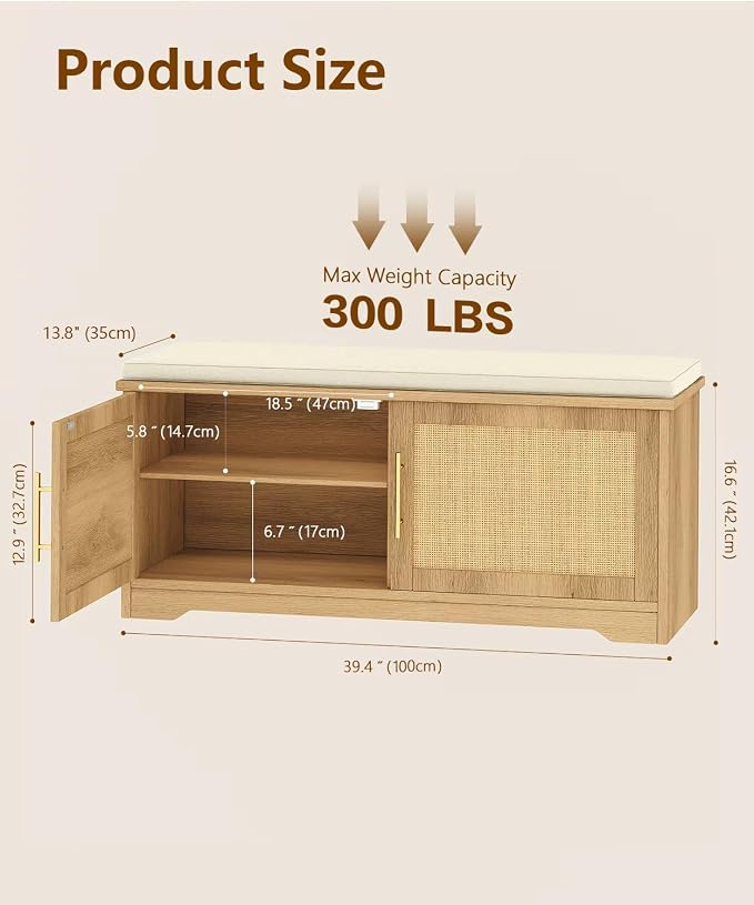 Rattan Shoe Storage Bench, 39.4" Wide Entryway Bench, Natural Oak | Hidden Shoe Organizer Cabinet with Cushion, Shoe Rack Bench with Adjustable Shelves, for Hallway Living Room, Natural Oak