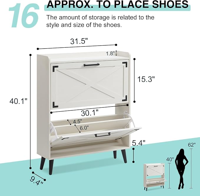 Barnyatoh Farmhouse Shoe Storage Cabinet with 2 Flip Drawers & Barn Door | Freestanding Hidden Slim Narrow Shoe Rack, Adjustable Shelves,Wood Shoes Organizer for Entryway, Foyer, Hallway,Antique White