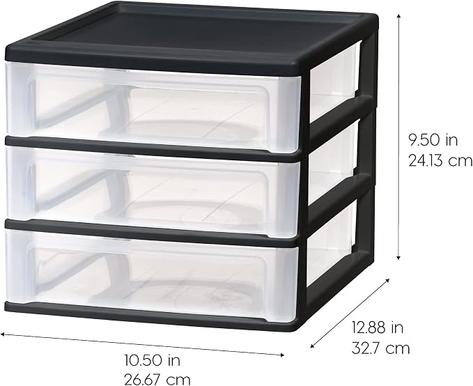 IRIS USA 2-Pack, 3-Drawer Medium Plastic Stacking Desktop Organizer, Black | Organize office supplies, stationery, makeup, craft materials and everyday essentials for neat desktop storage