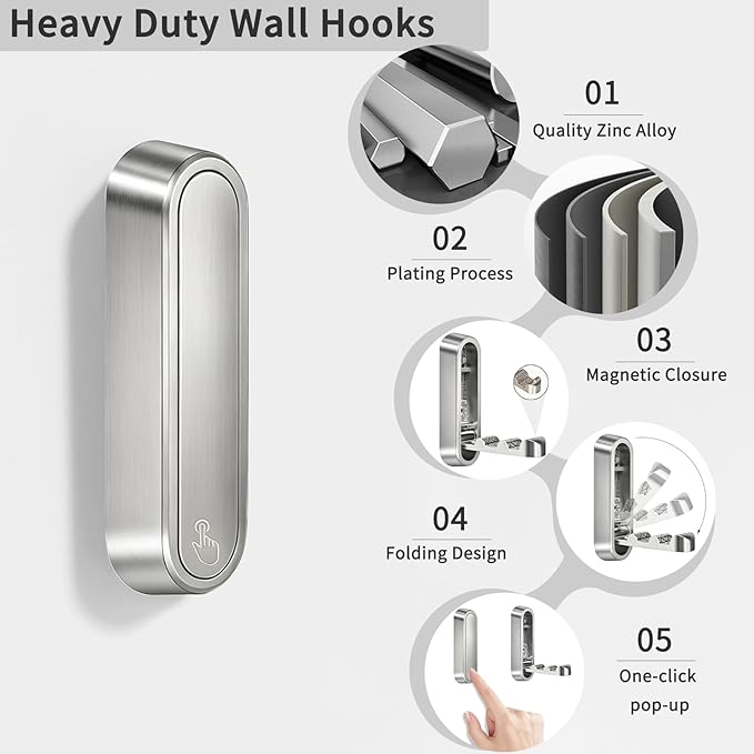6PCS Foldable Wall Hooks, Zinc Alloy Flip Down Hooks, Retractable Wall Hooks for Bathroom, Entryway, Hanging Coats Hats Bags Keys (Silver)