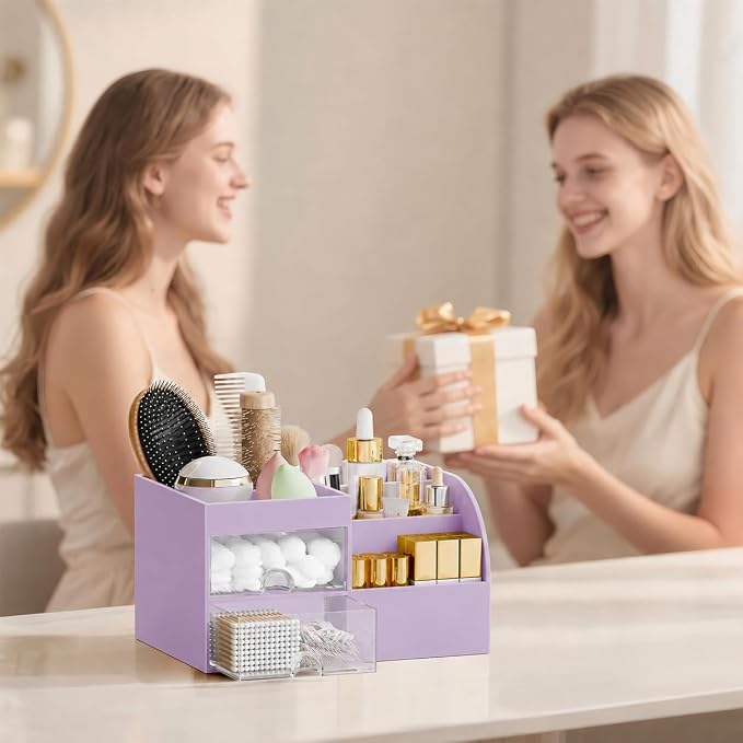 Makeup Organizer with 2 Drawers, Makeup Organizers Countertop for Vanity and Bathroom, Make up organization and Skincare Storage with Brush Holder, for Dresser, Desktop, Cosmetic Display Case (Purple)