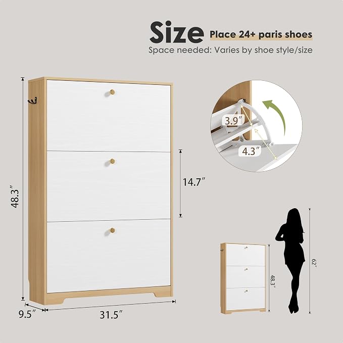 Nicetree Shoe Storage Cabinet with 3 Flip Drawers, Natural Oak and White | Narrow Shoe Organizer, Freestanding Shoe Rack Cabinet, Modern Shoe Storage Cabinet for Entryway, Hallway, Foyer, With Hook