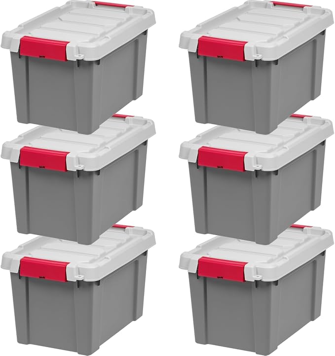 IRIS USA 6-Pack 5 Gal Heavy Duty Lockable Storage Totes with lids, Gray | Built for tools, hardware, emergency supplies and small equipment, Stackable design keeps spaces organized