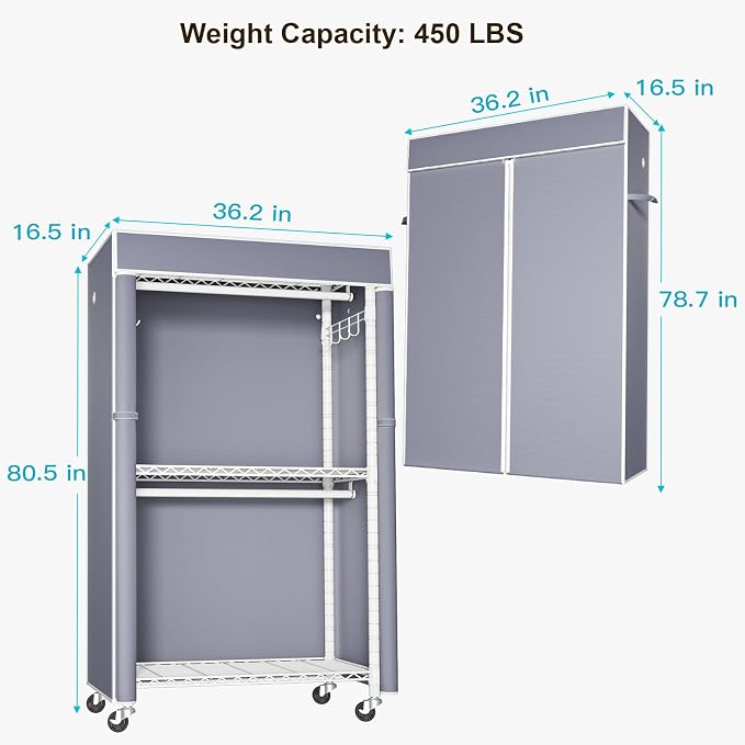 White Clothing Rack with Grey Cover, P1C Rolling Closet Rack with Wheels, Metal Garment Rack for Hanging Clothes, Clothing Storage Wardrobe, 36.2" W x 16.5" D x 80.5" H, Load 450 Pounds
