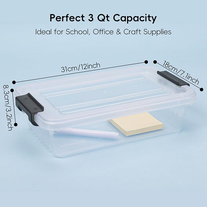 Small Storage Bins with Lids 10 Pack 3Qt Clear Stackable Containers Boxes | Clear Plastic, Lidded Containers, Stackable Design, for Home Office Pantry and Small-Item Organization