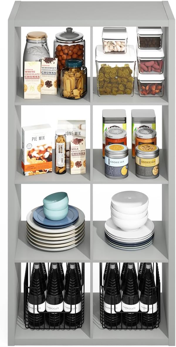 Furinno HERMITE Kitchen Island, 8-Cube Coffee Bar, Extra Thick Kitchen Storage, Bakers Rack, for Pantry Organizers and Storage, Kitchen Organization, Light Grey