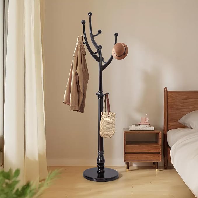 Bekrvio Tree Coat Rack Freestanding with Round Base, Red Brown | Unique Coat Hanger Stand, Heavy Duty Standing Coat Rack, For Jacket, Hat, Bags For Entryway / Hallway / Bedroom