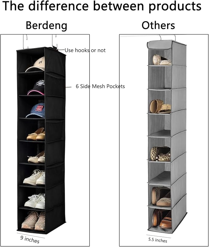 Berdeng Hanging Shoe Organizer for Closet with Side Mesh Pockets，Hat Racks for Baseball Caps，Shoe and Hat Holder & Storage，8-Shelf，Black，1 Pack
