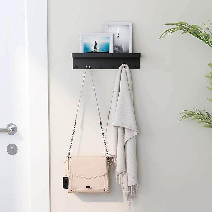 MKO Key Holder Wall Mount, Key Holder Wall Mount Adhesive with Mail Organizer Tray with 6 Key Hooks for Wall, Black | Metal Material, Key Rack with Shelf, Mail Organizer Tray for Entryway, Hallway, Living Room