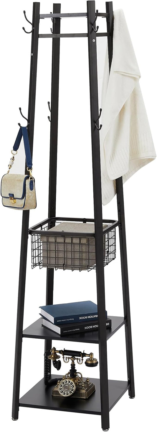VECELO Coat Rack Freestanding,Hall Tree with Metal Basket and Storage Shelves,Industrial Coat Rack Stand with 8 Hooks for Hanging Coats/Hats/Bags/Umbrellas,18 x 18 x 72 In,Matte Black