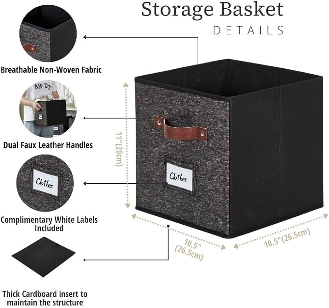 DECOMOMO Storage Bins, Cube Storage Bin with Labels | 10.5" x 11" Fabric Storage Cubes for Shelves (6pcs, Black Pattern)