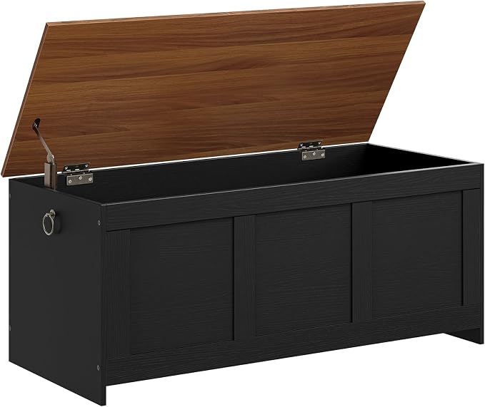 HOOBRO Storage Bench, 47.2" Retro Wooden Storage Chest, Wooden Storage Trunk, Toy Chest with Lift Top, Multifunctional Entryway Organizer, for Entryway, Living Room, Black and Walnut BH412CW01