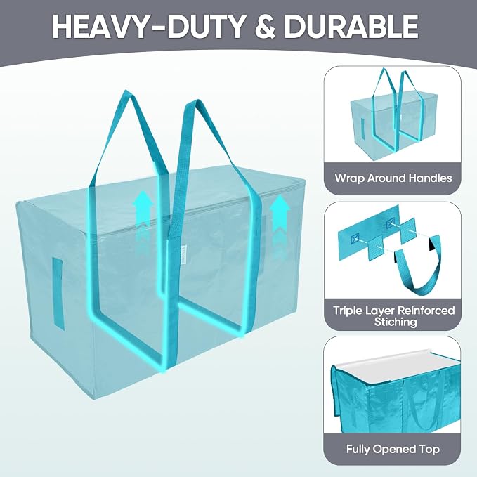 TICONN 8 Pack Extra Large Moving Bags Heavy Duty with Zippers & Carrying Handles, Durable Storage Bags Moving Boxes for Closet Organizers and Storage (8 Pack, Aqua)