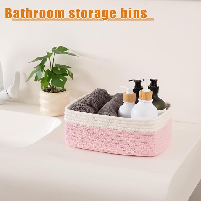 OIAHOMY 4 Pack Storage Baskets for Organizing, Small Bins for Shelves, Cute Decorative Storage Bins, Organizer Baskets for Gifts Empty,13''Lx8.7''Wx5.1''H, Pink/White