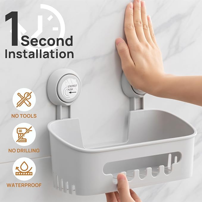 LEVERLOC Shower Caddy Suction Cup Set Shower Organizer & Soap Holder, Grey | Toothbrush Holder, Bathroom Shelf Basket NO-Drilling, Removable Suction Storage, Waterproof Bathroom Caddy