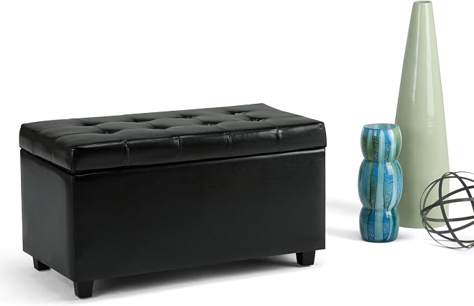 SIMPLIHOME Dover 36" Wide Vegan Leather Storage Ottoman in Distressed Brown | Midnight black, transitional storage ottoman with tufting and lift-up lid; rectangle storage bench for living room.