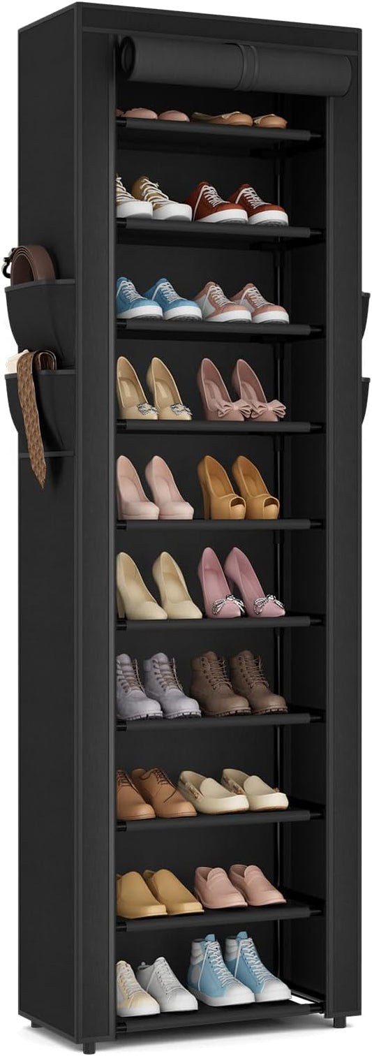 ROJASOP Shoe Rack with Covers 10 Tier Large Shoe Organizer Tall Shoe Closet Storage for 20-22 Pairs Shoe and Boot, Free Standing Shoe Rack Organizer for Closet, Entryway, Bedroom, Black
