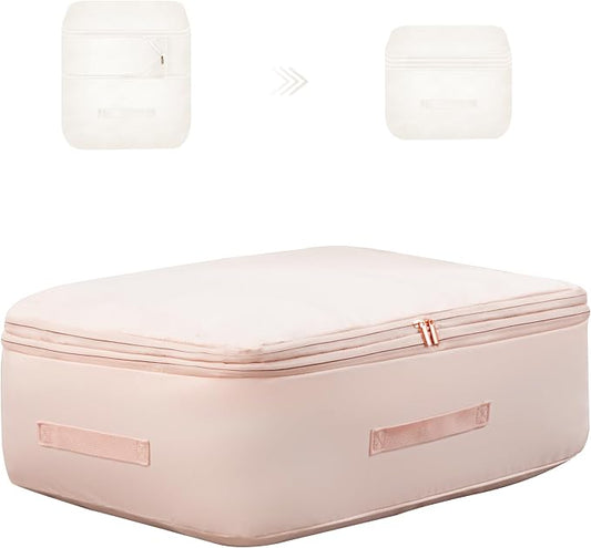 Ultra Space Saving Self Compression Organizer, Comforter Storage Bag for Clothes, Blankets, Pillows, Duvet, Comforters, Bedding Sets and Much More (Pink,L - 54 * 42 * 30cm)