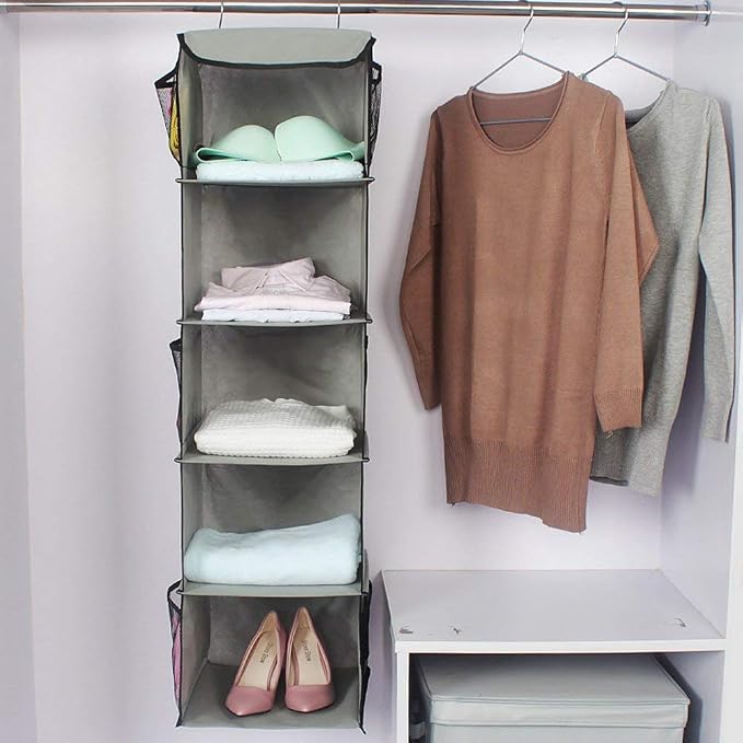BrilliantJo 5 Shelves Hanging Closet Organizer, 2 Pack Hanging Storage with 6 Side Pockets for Clothes Bags, 43"x12"x12"(Gray)
